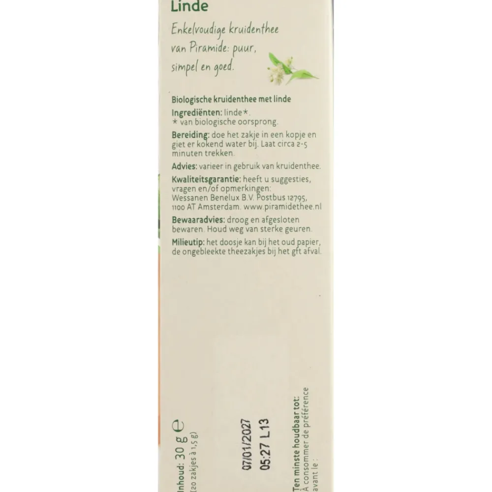 Thee<Piramide Kruidenthee Bio Lindebloesem 20 stuks