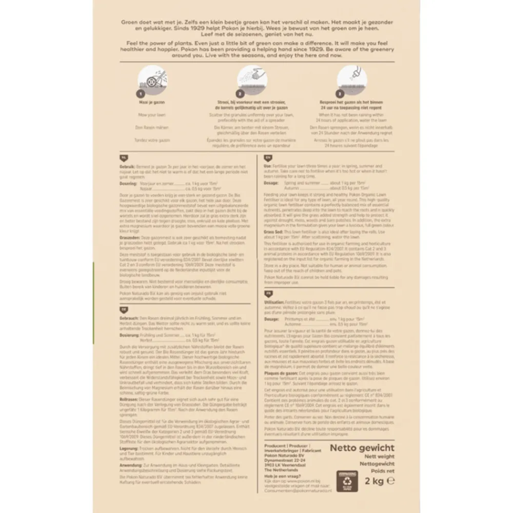 Gazonmest voor 30m2 Biologisch 2 kg^Pokon Best