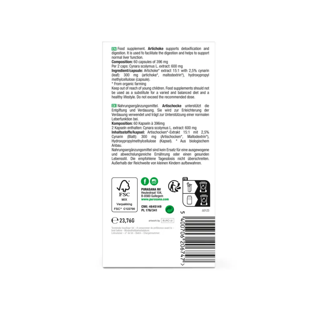 Organen<Purasana Artisjok Extract 300 mg 60 vegacapsules