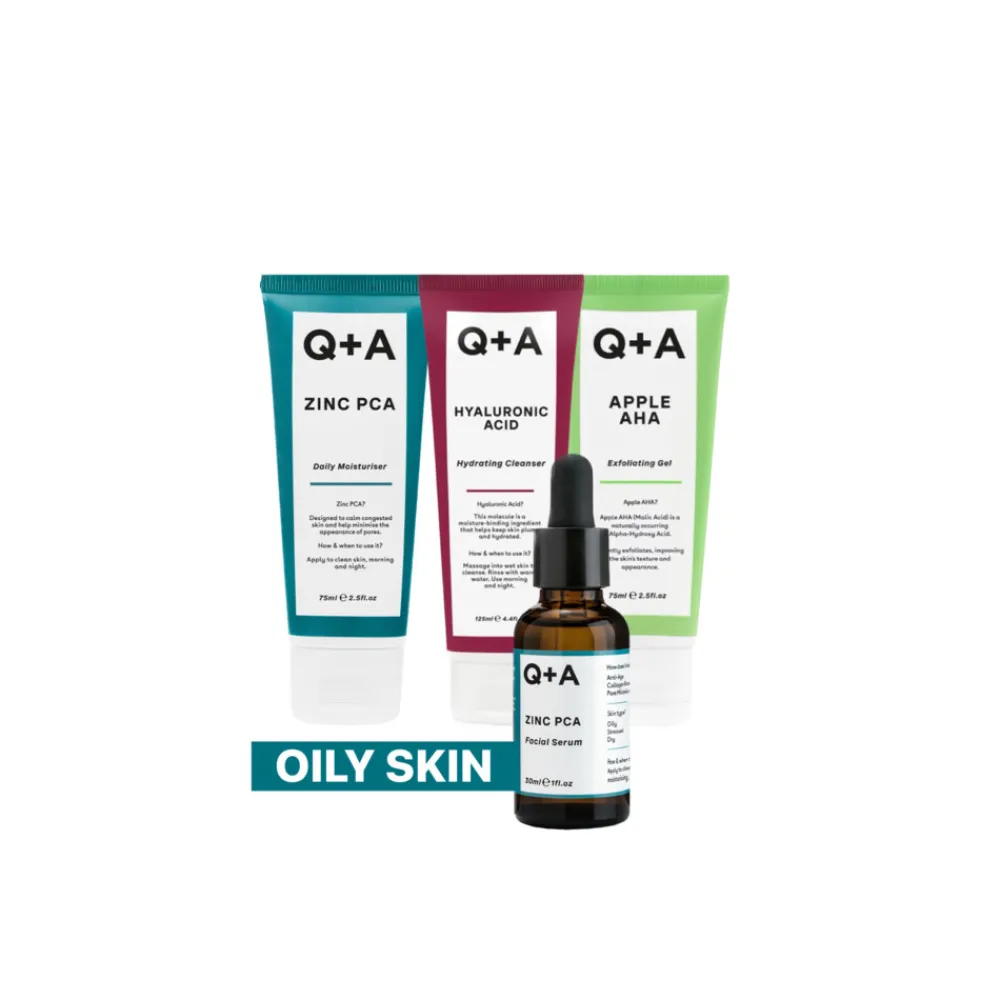 Reiniging|Dag- & Nachtcrème<Q+A Oily Skin - Reinigingsgel 1x 125 ml & Exfoliant 1x 75 ml & Gezichtsserum 1x 30 ml & Moisturiser 1x 75 ml - Pakket