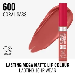 Lasting Mega Matte Liquid Lipstick Coral Sass 600 7.4 ml^Rimmel