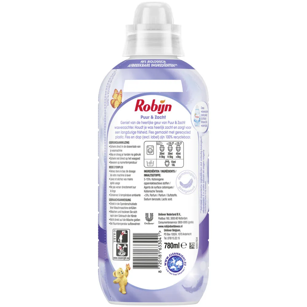Wasverzachter<Robijn Wasverzachter Puur & Zacht 39 Wasbeurten 780 ml
