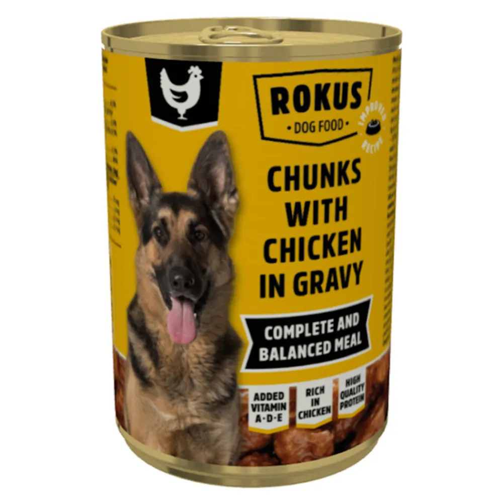 Hondenvoer Blik Stukjes Kip in Jus 415 gr^Rokus Discount