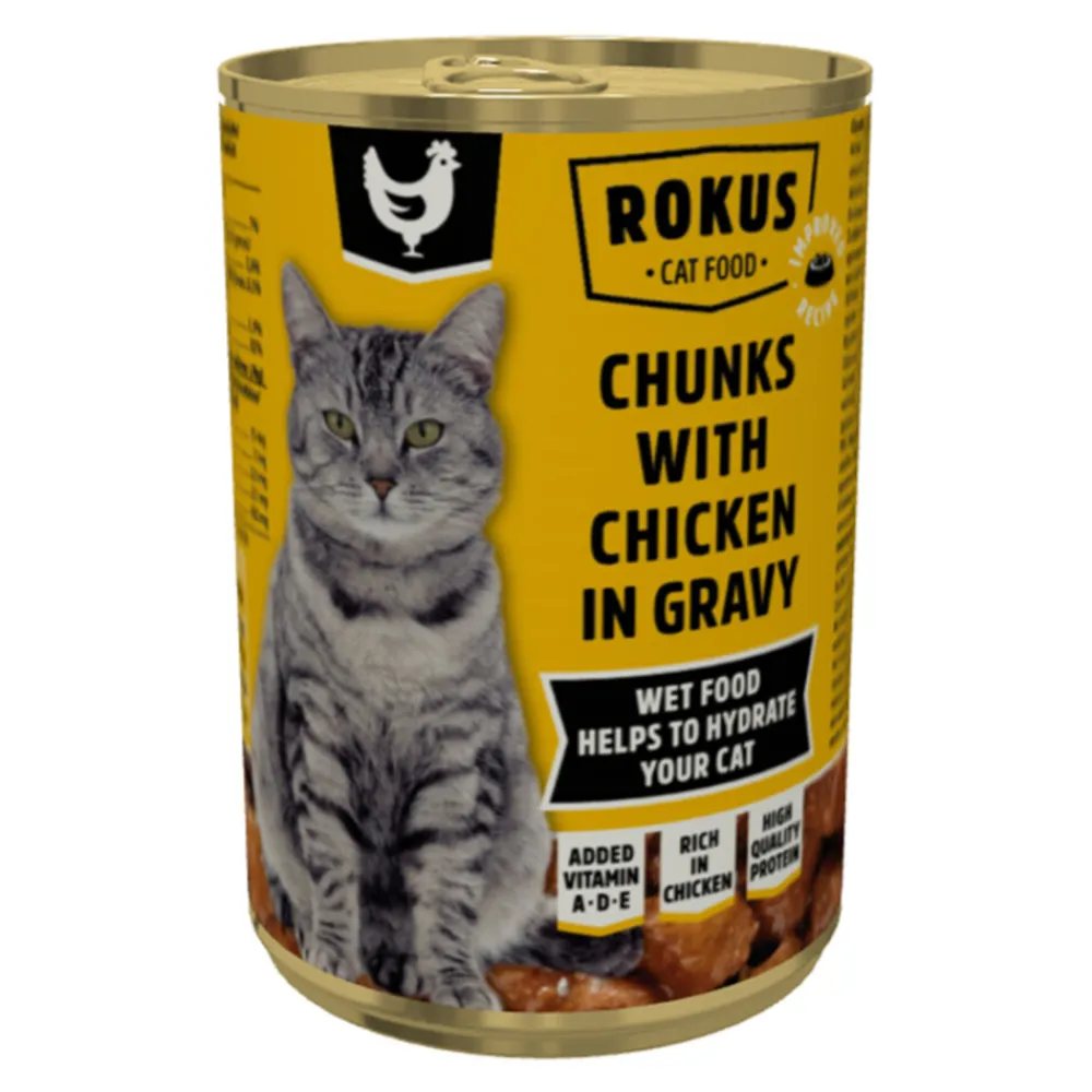 Kattenvoer<Rokus Kattenvoer Blik Kipbrokjes in Jus 415 gr