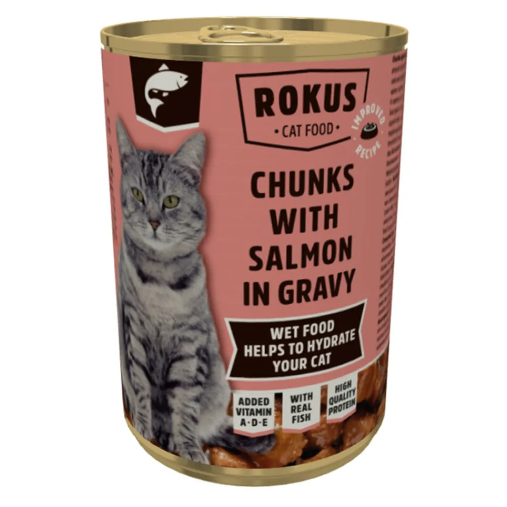 Kattenvoer<Rokus Kattenvoer Blik Stukjes Zalm in Jus 415 gr