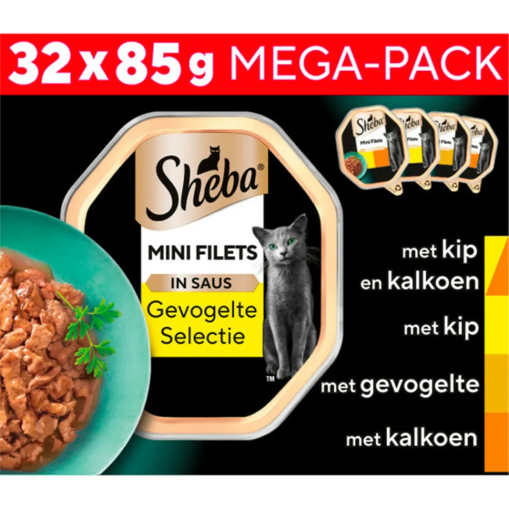 Mini Filets Kattenvoer Natvoer Gevogelte in Saus Mega Pack Kuipjes 32 x 85 gr^Sheba