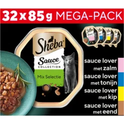 Kattenvoer<Sheba Sauce Collection Kattenvoer Natvoer Mix Selectie in Saus Kuipjes 32 x 85 gr