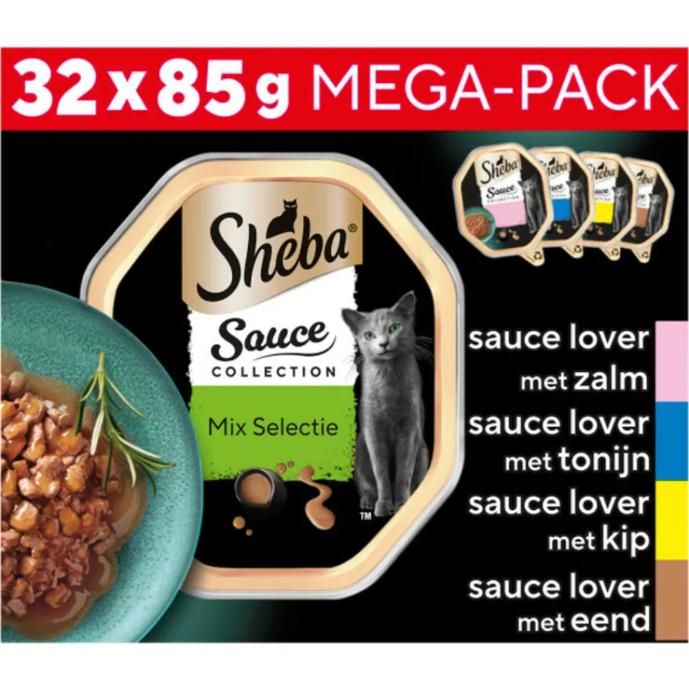 Kattenvoer<Sheba Sauce Collection Kattenvoer Natvoer Mix Selectie in Saus Kuipjes 32 x 85 gr