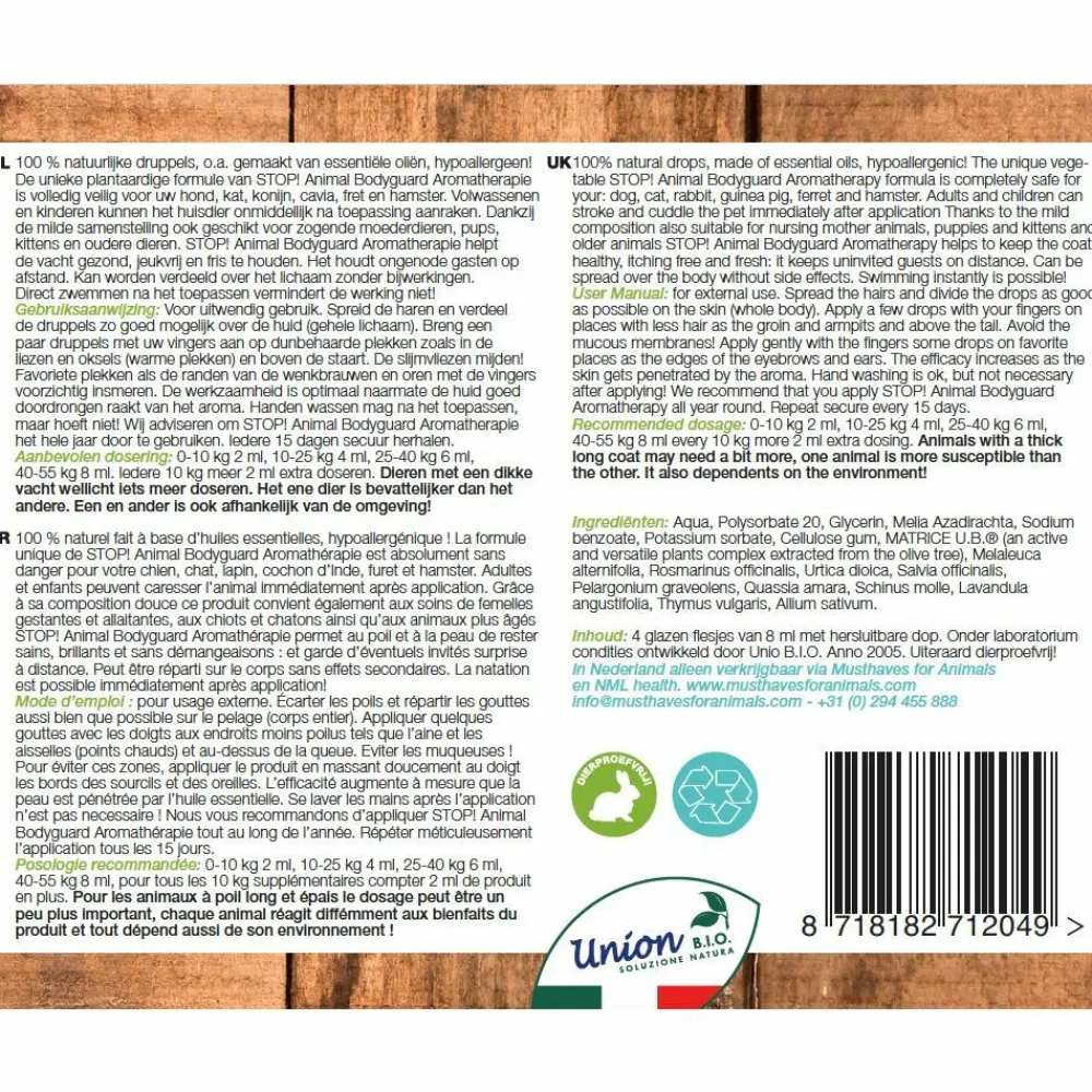 Animal Bodyguard Aromatherapie Anti Vlooien en Teken Druppels Hond en Kat 4 x 8 ml^STOP! Discount