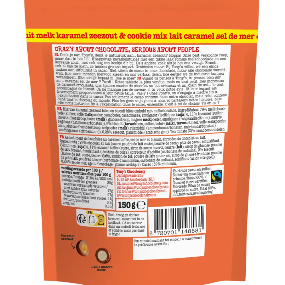 New Tony's Chocolonely Lil'Bits Melk Karamel Zeezout Biscuit 150 gr Chocolade