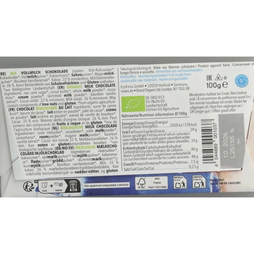 Chocolade<Vivani Chocoladereep Melk 100 gr