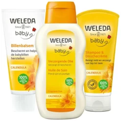 Baby Musthave - Calendula Verzorgende Olie 1 x 200 ml, Billenbalsem 1 x 75 ml & Babyshampoo & Douchecrème 1 x 200 ml - Pakket^WELEDA Clearance