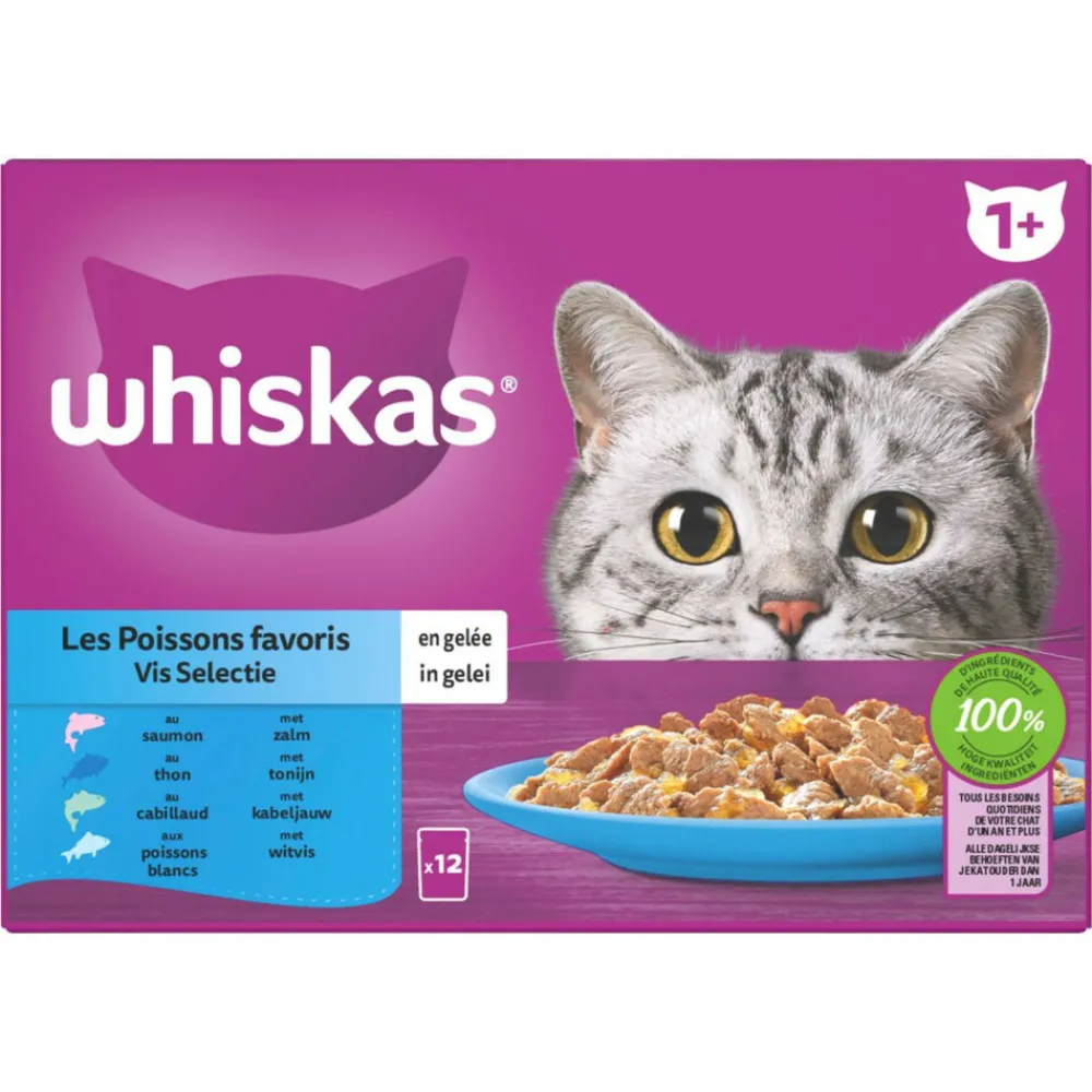 Online 1+ Vis Selectie in Gelei Maaltijdzakjes Multipack 24 x 85 gr Kattenvoer