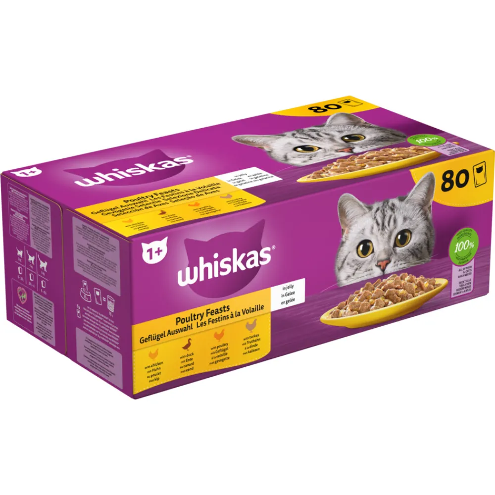 Adult 1+ Kattenvoer Nat Maaltijdzakjes Multipack Gevogelte Selectie in Gelei 80x85 gr^Whiskas Clearance