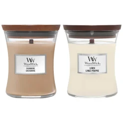 Kaarsen<WoodWick Medium Cashmere en Linen Pakket