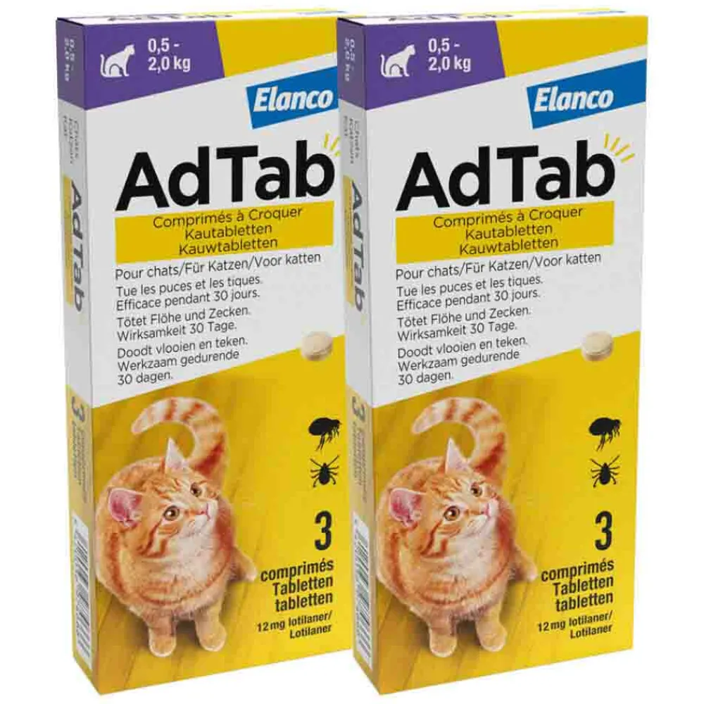 Vlo, Teek & Worm<AdTab 2x Anti Vlo en Teek Kauwtabletten Kat 0,5-2,0 kg 3 tabletten