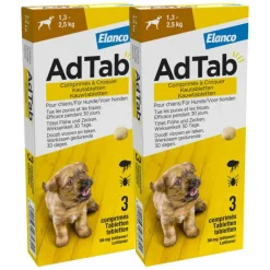 Vlo, Teek & Worm<AdTab 2x Anti Vlo en Teek Kauwtabletten Hond 1,3-2,5 kg 3 tabletten