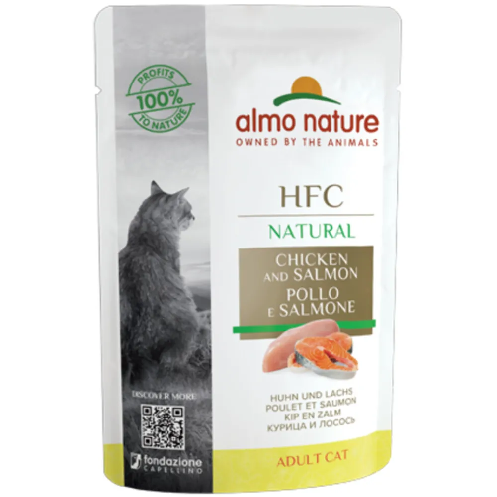 Kattenvoer<Almo Nature 24x HFC Natural Kattenvoer Nat Maaltijdzakje Kip & Zalm 55 gr