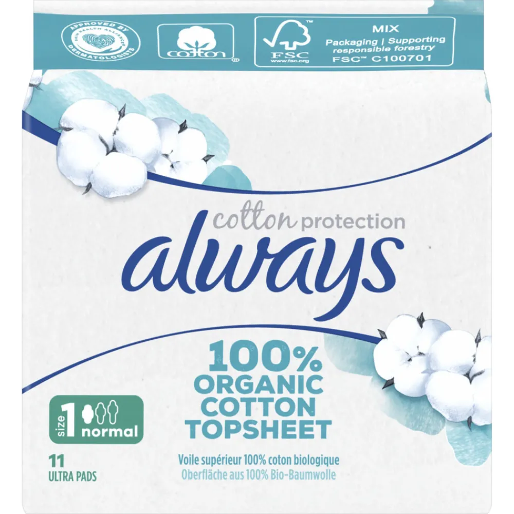 10x Maandverband Bio Cotton Protection Ultra Normal met Vleugels 11 stuks Intiemhygiëne