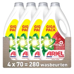 4x Vloeibaar Wasmiddel +Ultra Vlekverwijderaar 70 Wasbeurten 3150 ml^Ariel Hot