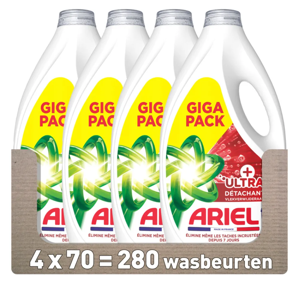 4x Vloeibaar Wasmiddel +Ultra Vlekverwijderaar 70 Wasbeurten 3150 ml^Ariel Hot