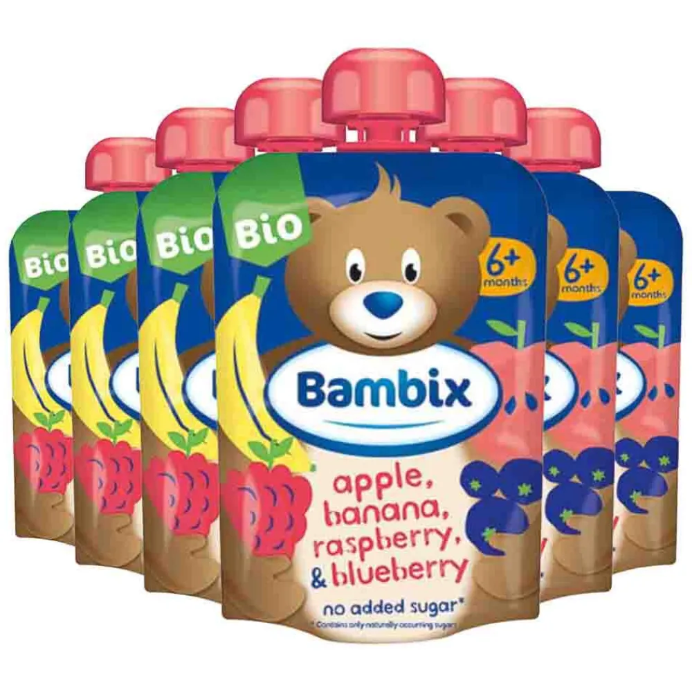 Baby & Peutervoeding<Bambix 6x Knijpzakje Appel Banaan Framboos & Blauwe Bes Bio 6M+ 100 gr