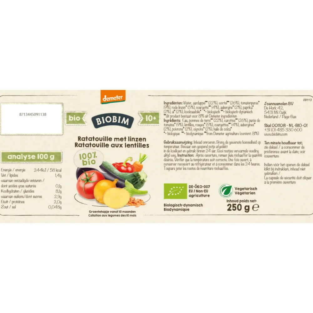 Baby & Peutervoeding<Biobim 6x Maaltijd 10+ mnd Ratatouille met Linzen 250 gr