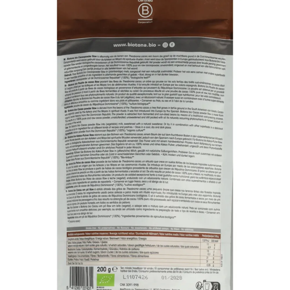 Superfoods<Biotona 6x Cacao Raw Powder 200 gr