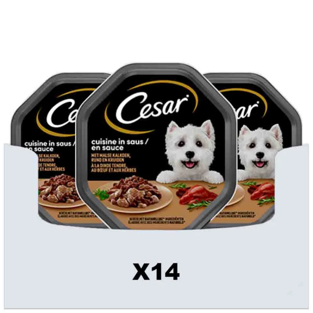 Hondenvoer<Cesar 14x Cuisine in Saus Kuipje Kalkoen en Rund 150 gr