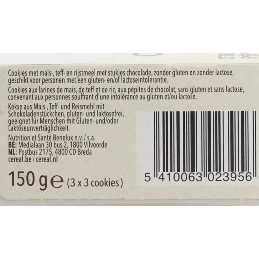 6x Cookies met stukjes Chocolade Glutenvrij en Lactosevrij 150 gr^Céréal Outlet