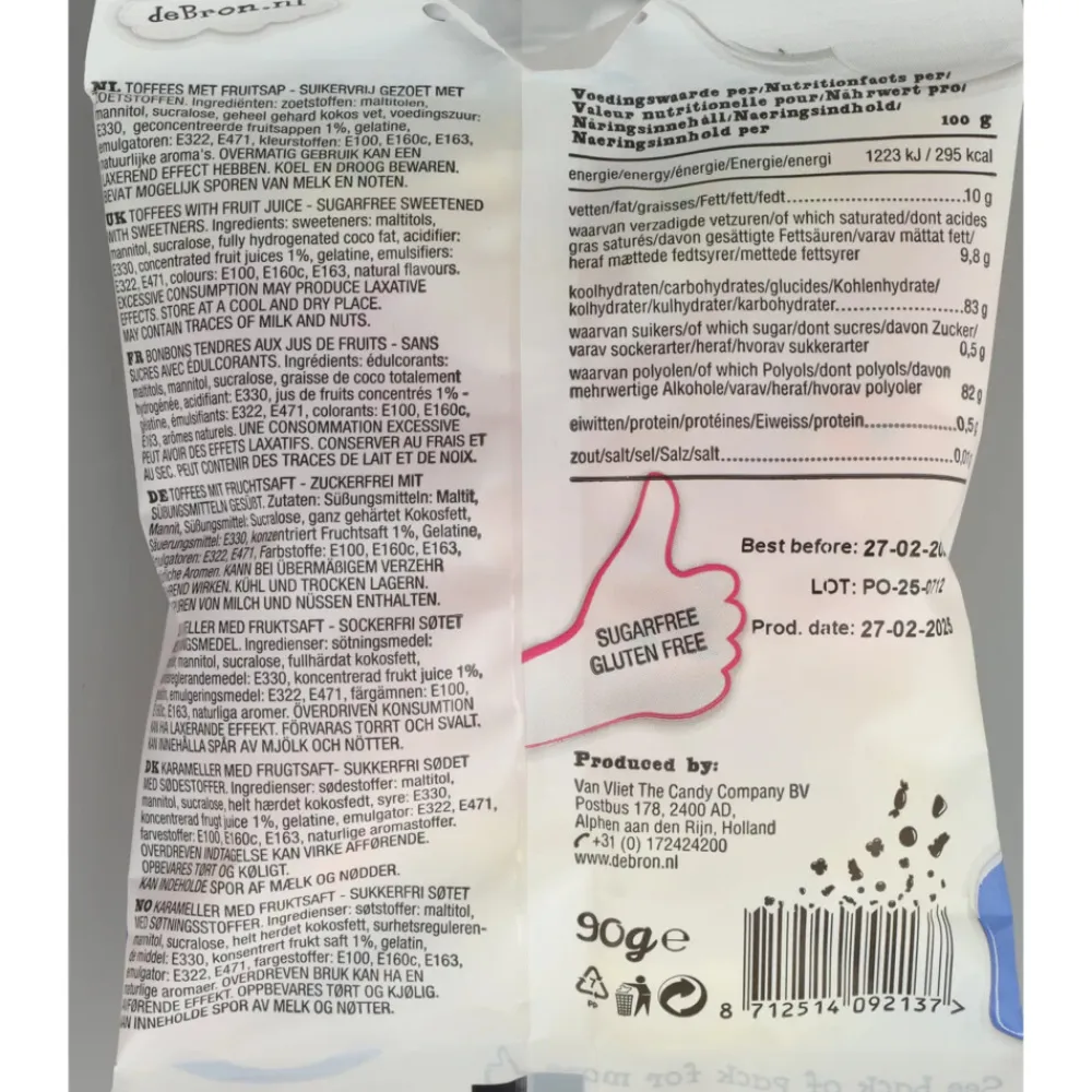 Outlet 6x Suikervrije Fruittoffee 90 gr Snoep