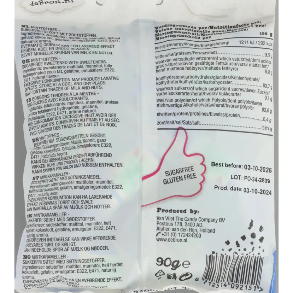 3x Suikervrije Mint Toffee 90 gr^De bron Hot