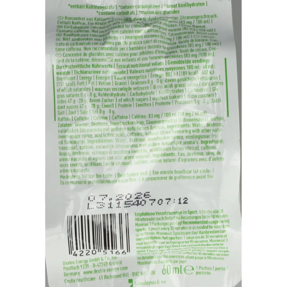 Snoep|Sportvoeding & Drank<Dextro 6x Energy Liquid Gel Lemon + Cafeïne 60 gr