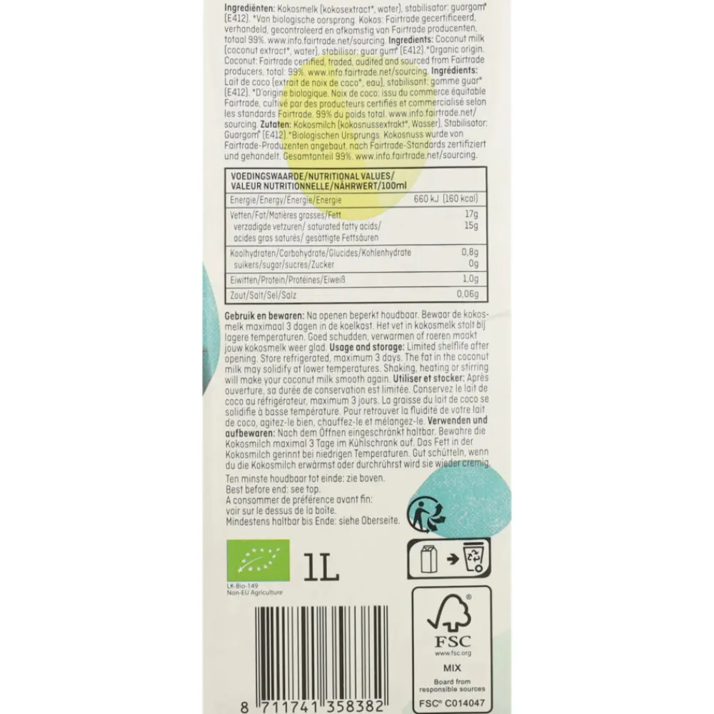 Discount 3x Kokosmelk Biologisch 1 liter Melkvervangers