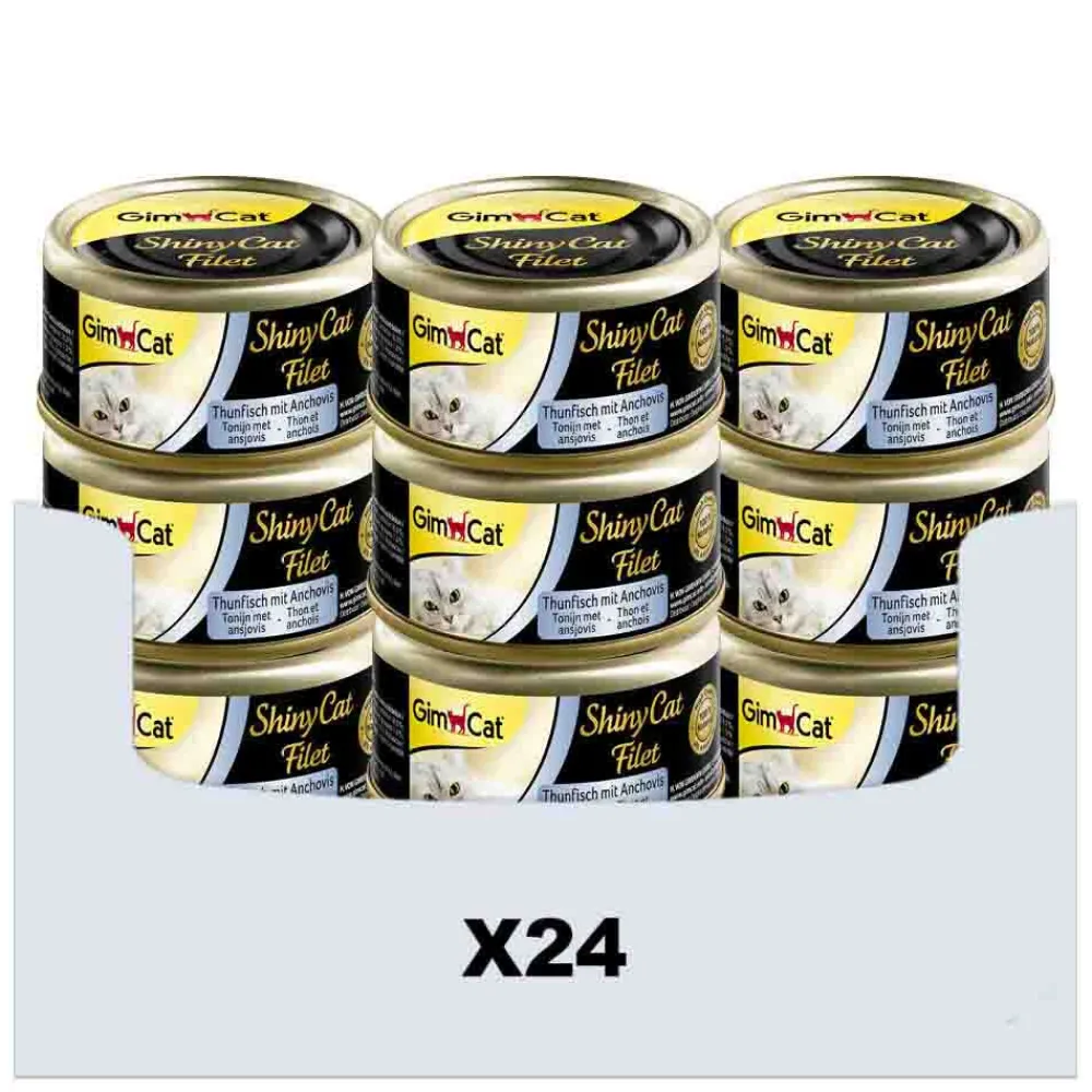 Kattenvoer<GimCat 24x ShinyCat Filet Tonijn & Ansjovis 70 gr