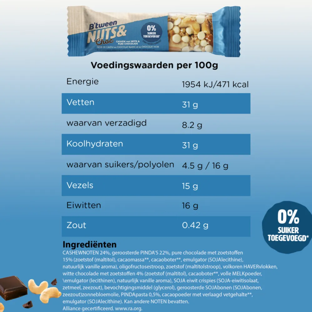 6x B'tween Nuts & Choc Cashew Chocolade Wit Puur 3 x 32 gr Snacks & Tussendoortjes