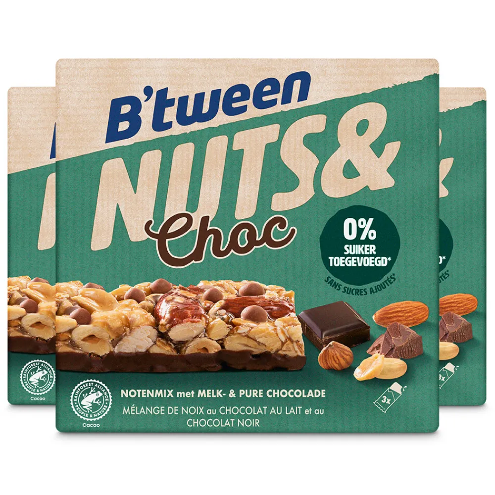 Clearance 3x B'tween Nuts & Choc Notenmix Chocolade Melk Puur 3 x 32 gr Snacks & Tussendoortjes