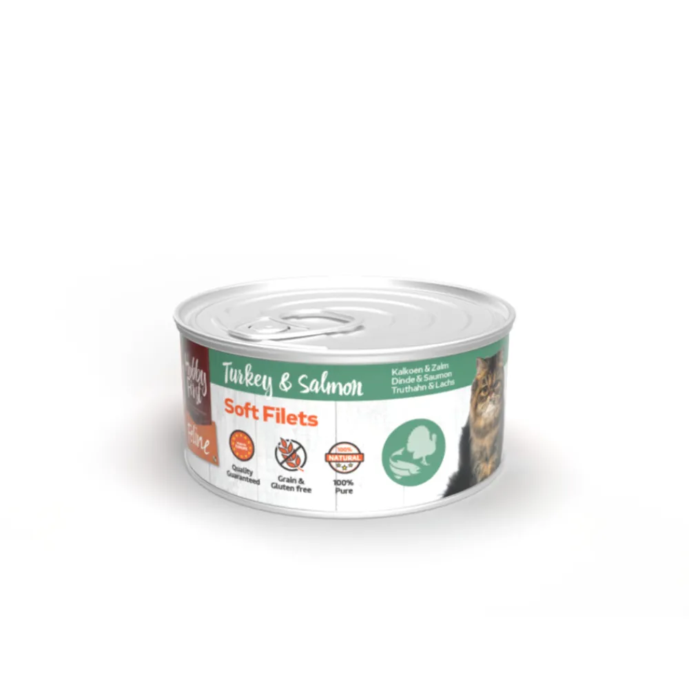 Kattenvoer<HobbyFirst Feline 12x Blik Zachte Filets Kalkoen & Zalm 70 gr