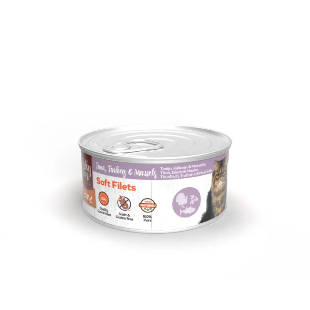 Kattenvoer<HobbyFirst Feline 12x Blik Zachte Filets Tonijn & Kalkoen & Mossel 70 gr