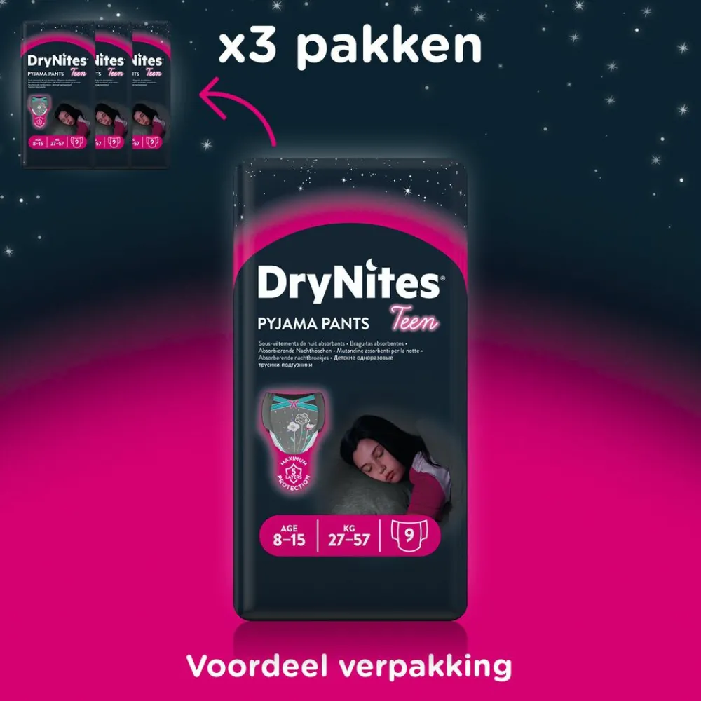 Luiers|Incontinentie<Huggies DryNites 3x Absorberende Luierbroekjes Meisjes 8-13 jaar 9 stuks