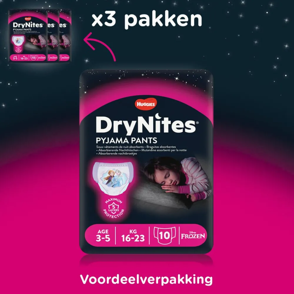 Luiers|Incontinentie<Huggies DryNites 3x Absorberende Luierbroekjes Meisjes 3-5 jaar 10 stuks