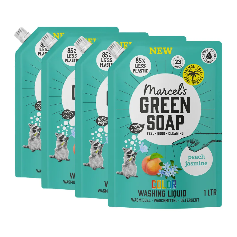 Wasmiddel<Marcels Green Soap 4x Marcel's Green Soap Wasmiddel Kleur Navul Perzik & Jasmijn 23 Wasbeurten 1 liter
