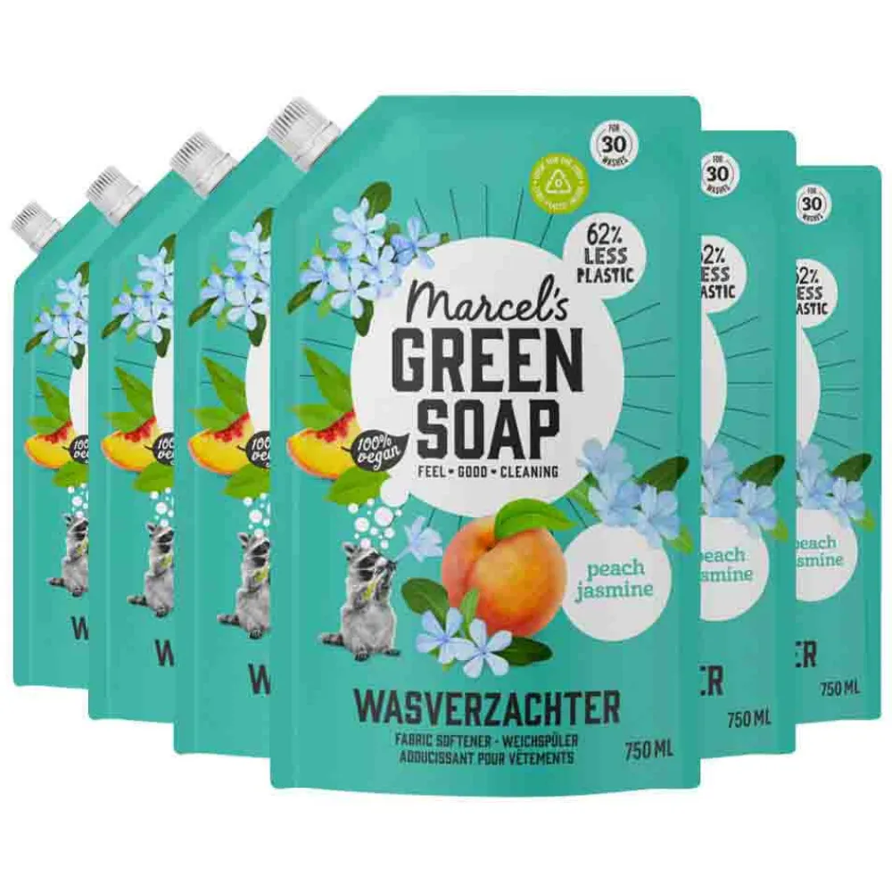 6x Marcel's Green Soap Wasverzachter Peach & Jasmine Navulling 750 ml^Marcels Green Soap Outlet
