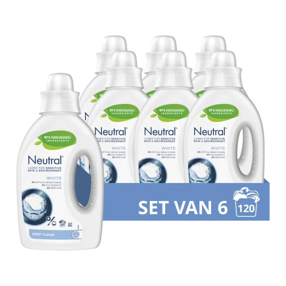 6x Vloeibaar Wasmiddel Wit 20 Wasbeurten 1 liter^Neutral