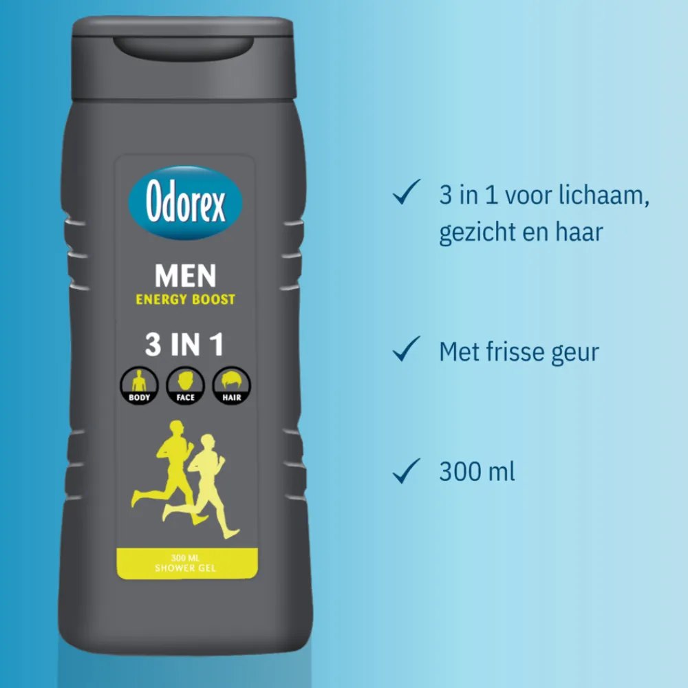 6x Douchegel For Men 3-in-1 Energy Boost 300 ml^Odorex Outlet