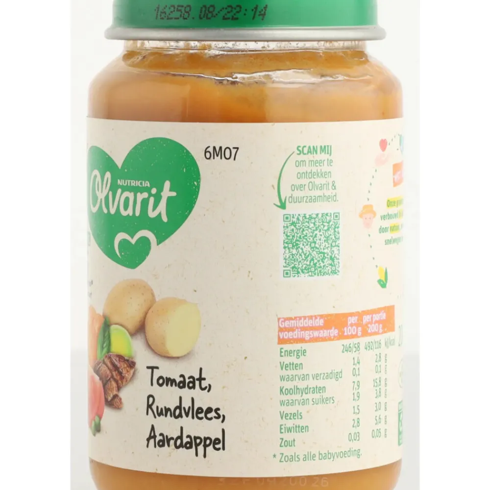 6x Maaltijd 6m Tomaat Rundvlees Aardappel Wortel 200 gr^Olvarit Hot