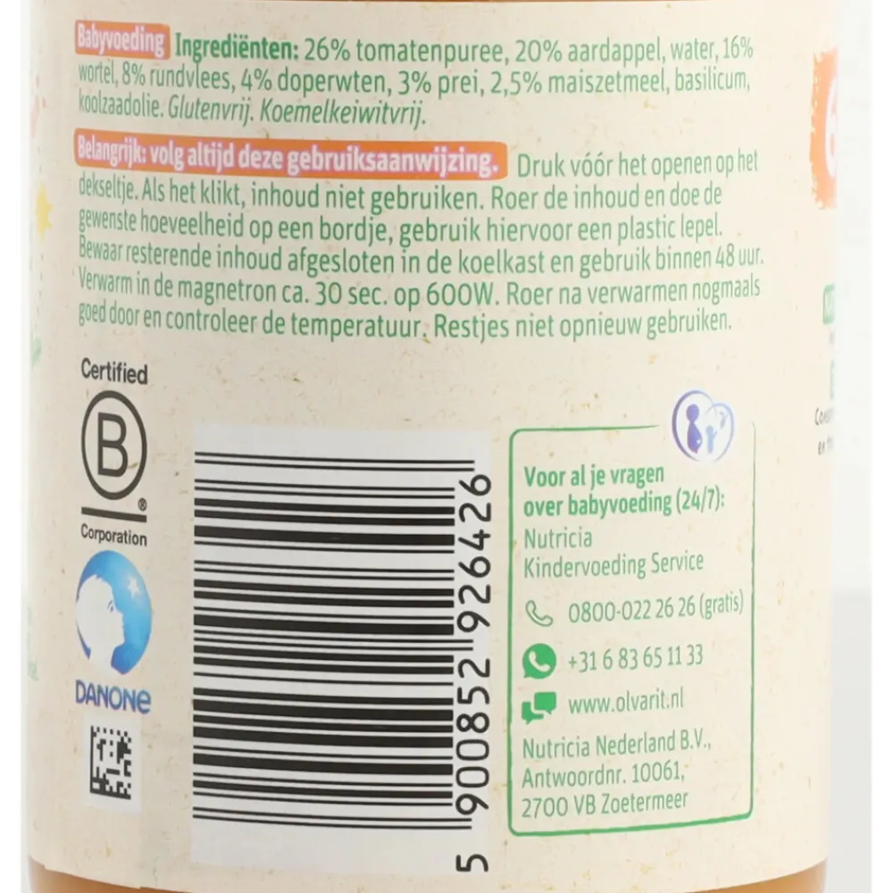 6x Maaltijd 6m Tomaat Rundvlees Aardappel Wortel 200 gr^Olvarit Hot