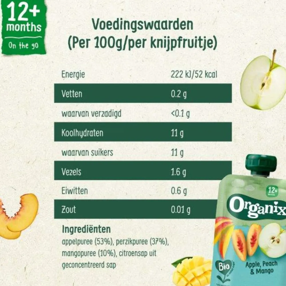 Baby & Peutervoeding<Organix 6x Knijpfruit 12+m Appel, Perzik & Mango 100 gr