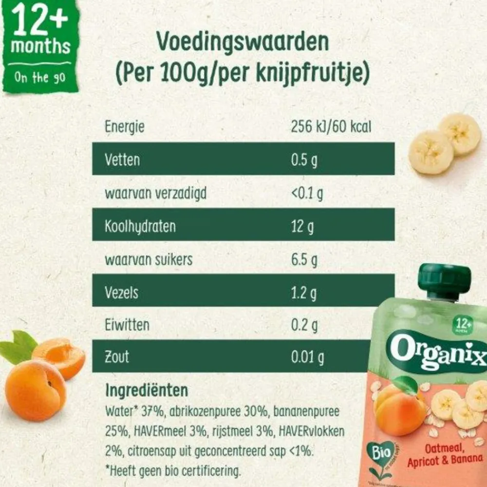 Baby & Peutervoeding<Organix 6x Knijpfruit 12+m Havermout Abrikoos & Banaan 100 gr