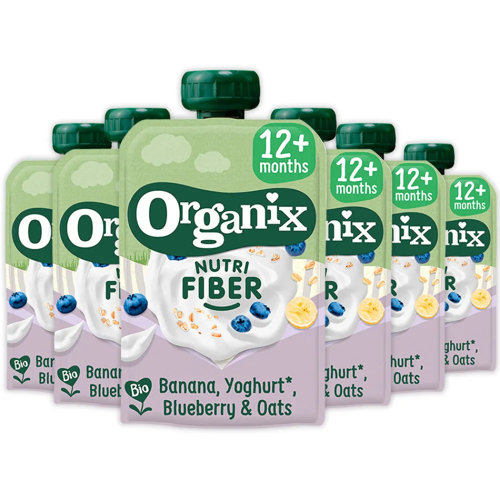 Sale 6x Knijpfruit Nutri Fiber 12+m Banaan Blauwe Bes Yoghurt 100 gr Baby & Peutervoeding
